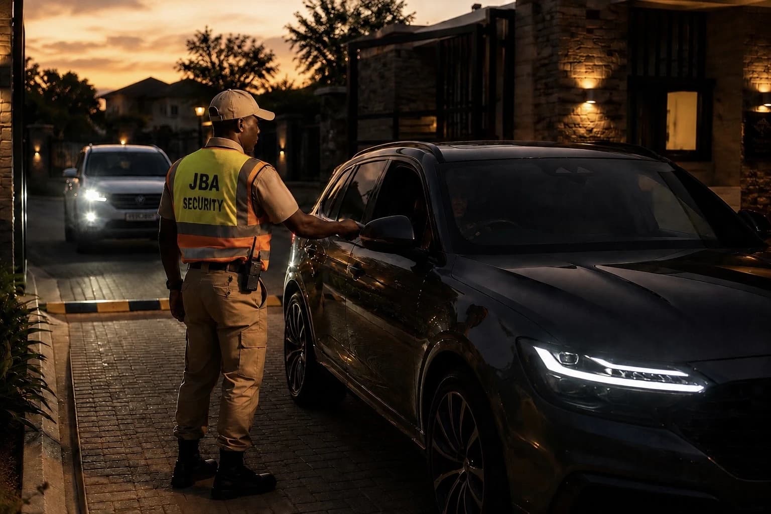 JBA Security officer checking a vehicle at an estate access gate