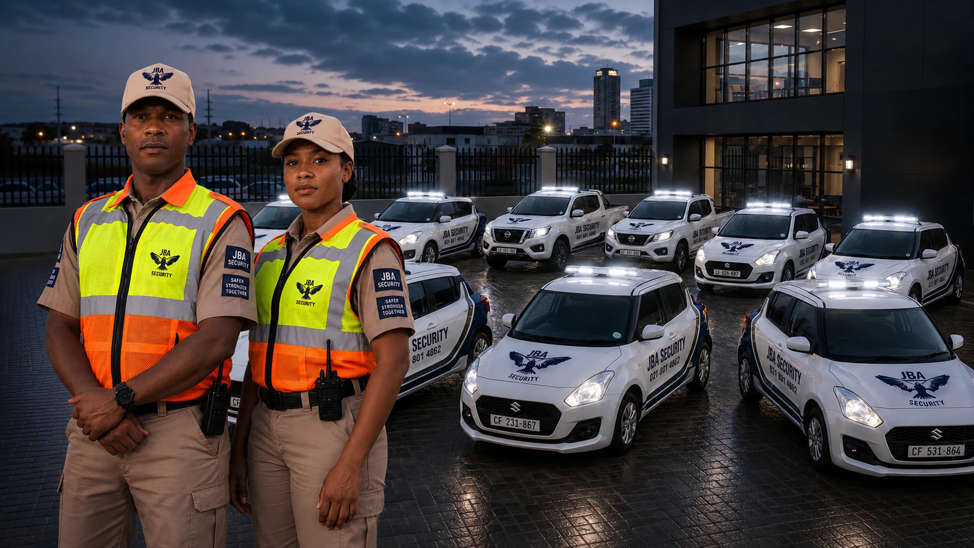 JBA Security officers standing beside the branded patrol fleet